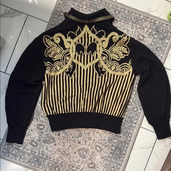 St. John by Marie Gray Black and Gold Embellished Rhinestone Patterned Sweater